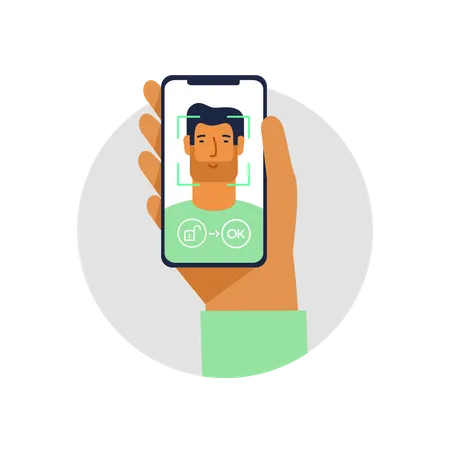 Vector Illustration Of A Hand Holding A Phone With A Mans Face On The Screen And Face ID Scanning Illustration