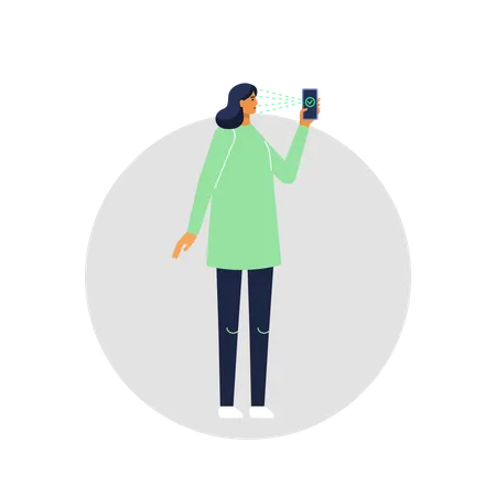 Vector Illustration On Which The Phone Scans The Face Of A Standing Young Woman Using Technology Face ID Illustration