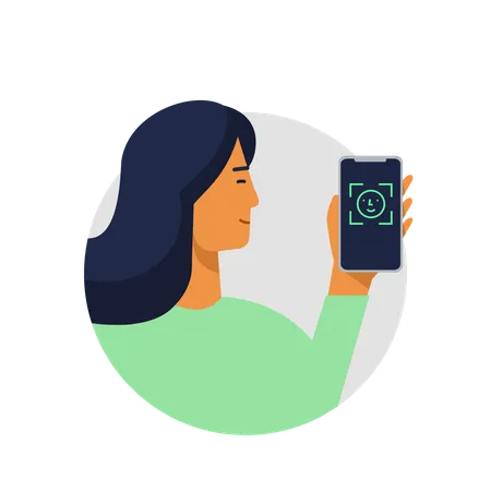 Vector Illustration Of A Young Woman Holding A Phone In His Hand Scanning Face With The Help Of Security Technology There Is A Linear Icon Face ID On The Screen Phone Illustration