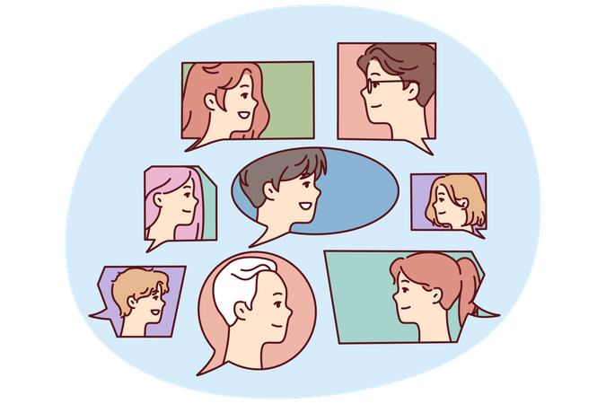 Faces of men and women in speech bubbles symbolize public discussion  Illustration