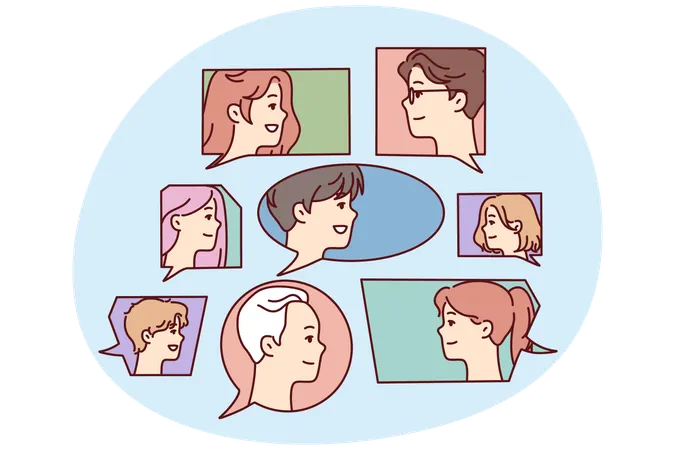 Faces of men and women in speech bubbles symbolize public discussion  Illustration