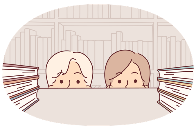 Faces of students near shelf with books in library or bookstore with educational literature  Illustration