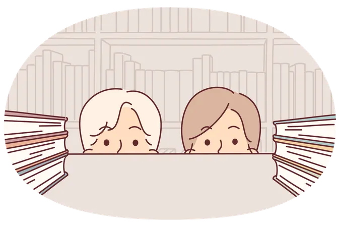 Faces of students near shelf with books in library or bookstore with educational literature  Illustration