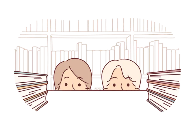 Faces of students near shelf with books in library or bookstore with educational literature  イラスト