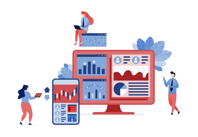 Fachleute analysieren Finanzprofile, Anlagerisiken, Kreditbewertungen und Rekrutierungsstrategien, um fundierte Entscheidungen bei der Finanzplanung zu treffen  Illustration