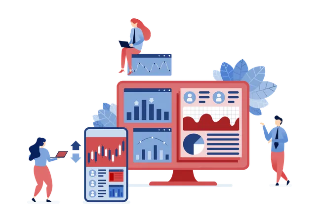 Fachleute analysieren Finanzprofile, Anlagerisiken, Kreditbewertungen und Rekrutierungsstrategien, um fundierte Entscheidungen bei der Finanzplanung zu treffen  Illustration