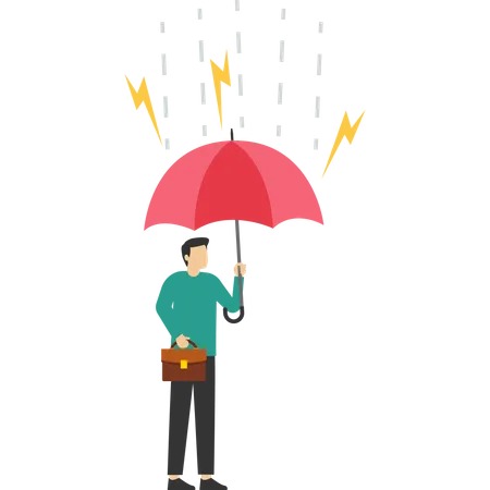 Facing Bad Luck Security Or Insurance Protecting Against Business Mistakes Trouble Or Depression Economic Mistakes Or Recession Confident Businesswoman With An Umbrella To Protect From Rain Storms Illustration