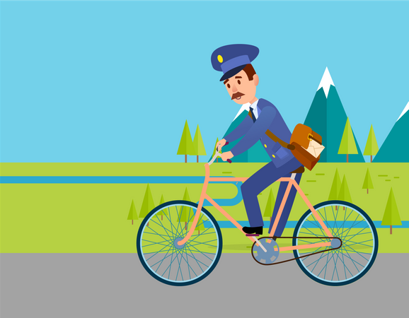 Facteur en uniforme avec sac postal conduisant un vélo  Illustration