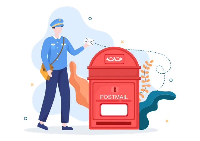 Facteur mettant le courrier dans la boîte aux lettres  Illustration