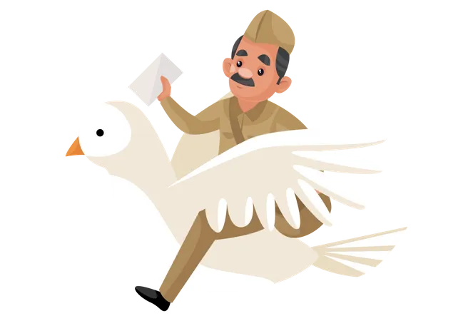 Facteur chevauchant un pigeon pour livrer des lettres  Illustration