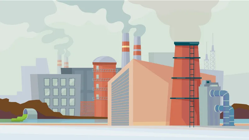 Factory Building View Banner In Flat Cartoon Design Industrial Enterprise With Pipes Pollutions Smoke And Fumes Industry Architecture Manufactory Development Vector Illustration Of Web Background Illustration
