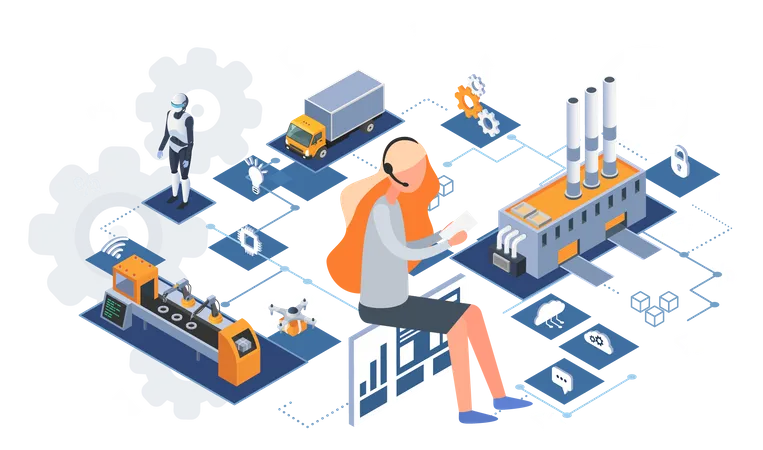 Industry Automation Production Line Internet Of Things Manufacturing Equipment Using Digital Devices Modern Industrial Technologies Factory With Machines And Robots 4 Ir Revolution AI Io T Illustration