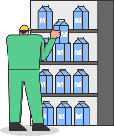 Factory Worker Arranging Dairy Products On Rack  Illustration