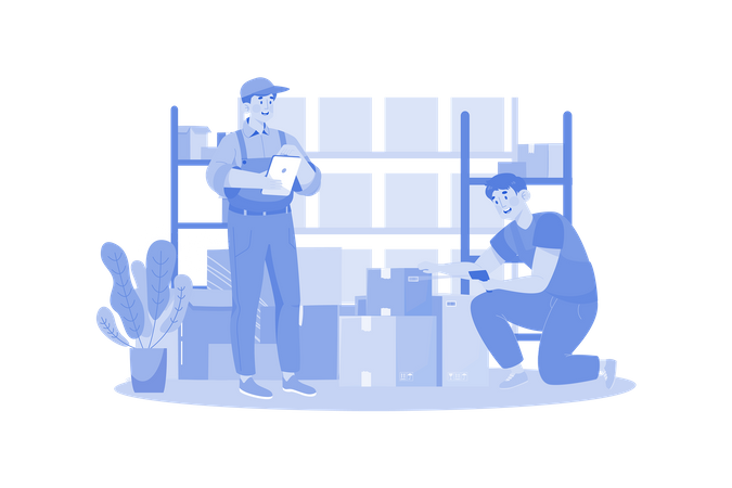 Factory Worker Checking Stock In Warehouse  Illustration