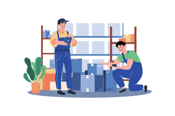 Factory Worker Checking Stock In Warehouse Illustration