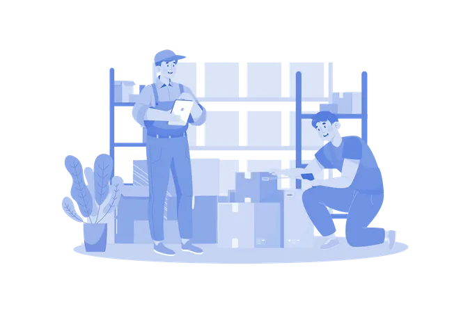 Factory Worker Checking Stock In Warehouse  Illustration