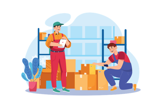 Factory Worker Checking Stock In Warehouse  Illustration