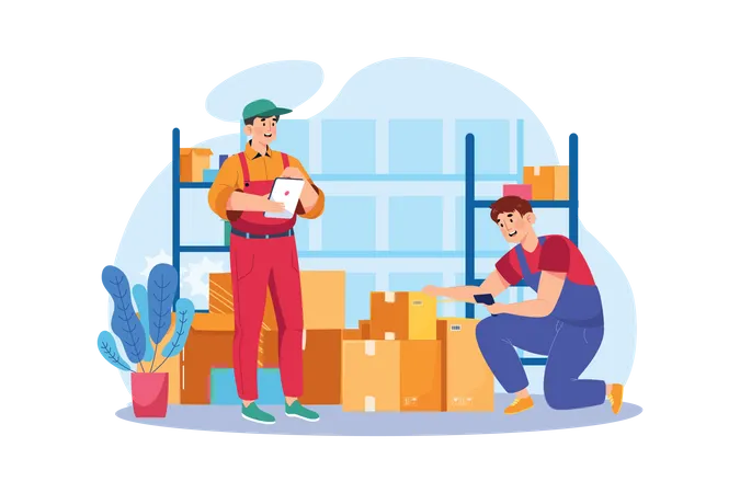 Factory Worker Checking Stock In Warehouse  Illustration