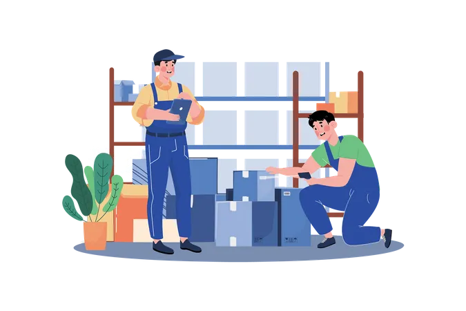 Factory Worker Checking Stock In Warehouse  Illustration