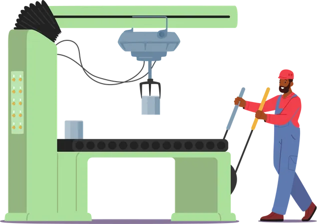 Factory Worker Manage Automated Machine on Manufacture Produce Details Illustration