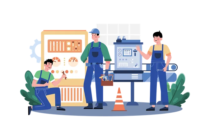 Factory Worker Repairing Machine Illustration