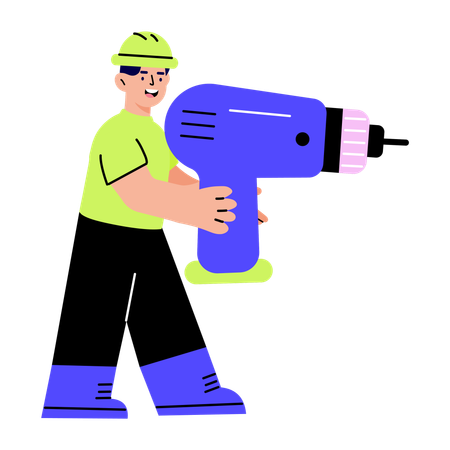 Factory worker standing with drill machine  Illustration