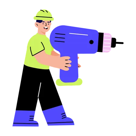 Factory worker standing with drill machine  Illustration