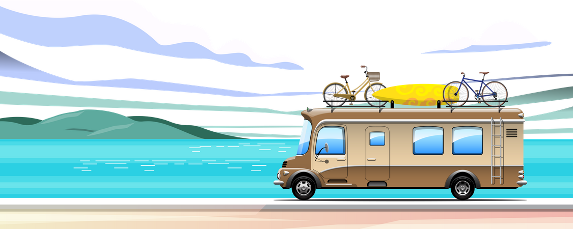 Fahrräder und Surfbretter im Oldtimer-Van transportieren  Illustration