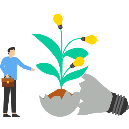 Failing To Success Learning From Mistakes Or Motivation To Succeed Aspirations And Efforts To Find New Innovations A Cheerful Businessman Sees A Brilliant Plant Seed Idea Growing From A Broken Seed Illustration