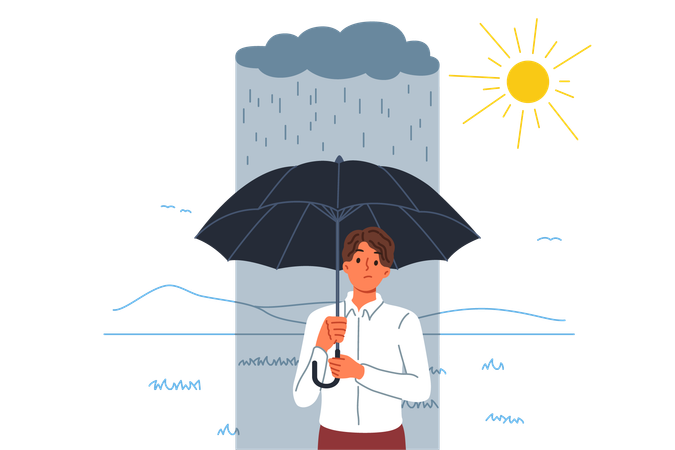 Failure and misfire haunt man standing with umbrella in rain located in sunny area  イラスト