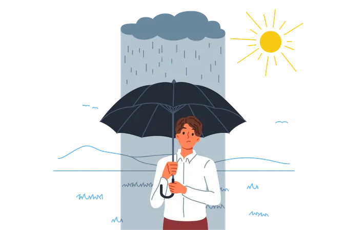 Failure and misfire haunt man standing with umbrella in rain located in sunny area  Illustration