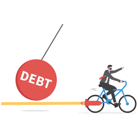 Failure Of Debt Management Businessman Riding A Bike To Escape Debt Illustration