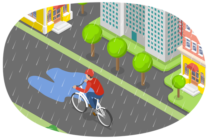 Faire du vélo sous la pluie  Illustration