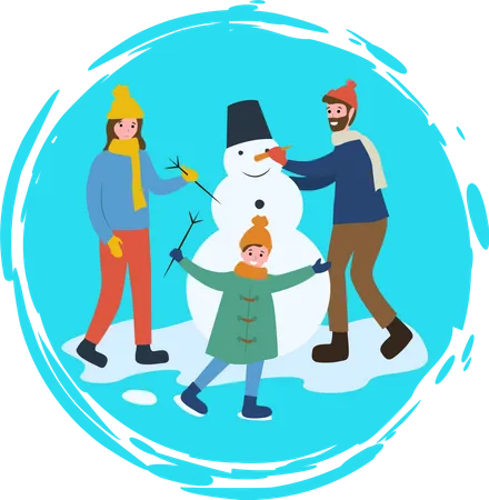 Famille faisant un bonhomme de neige  Illustration