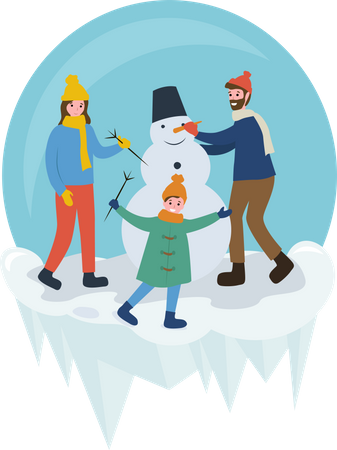 Famille faisant un bonhomme de neige  Illustration