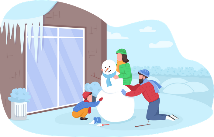 Famille faisant un bonhomme de neige  Illustration