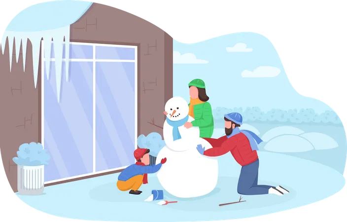 Famille faisant un bonhomme de neige  Illustration