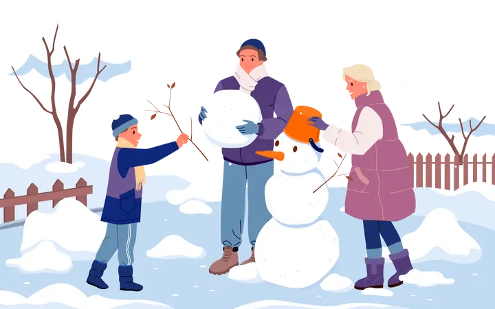 Famille faisant un bonhomme de neige  Illustration