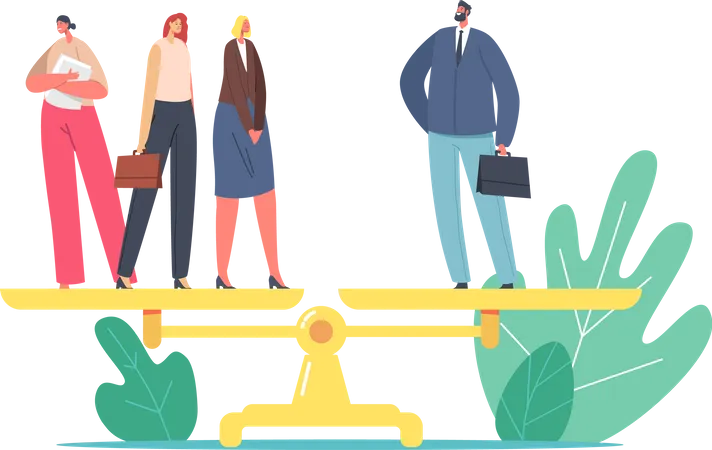 Gender Inequality Sex Discrimination Fairness Concept One Businessman And Three Businesswomen Characters Stand On Scales Woman Rights Feminism Salary Imbalance Cartoon People Vector Illustration Illustration
