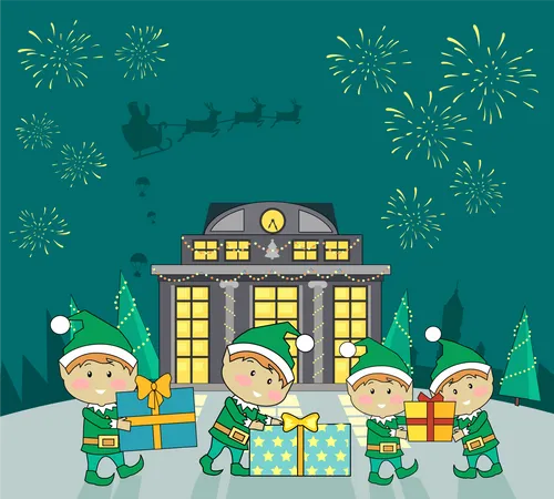 Winter Holidays Shopping Concept Vector Flat Design Funny Fairy Elves Packing Presents In Colored Boxes Near Mall Building Fireworks And Santa S Sleigh In Sky Christmas And New Year Celebrating Illustration