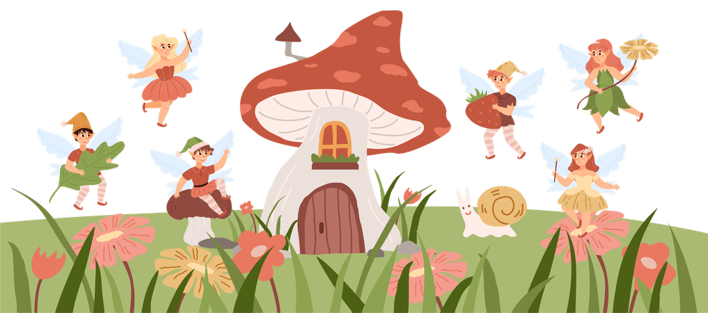 Fairy landscape with pixies flying around mushroom shaped house  Illustration