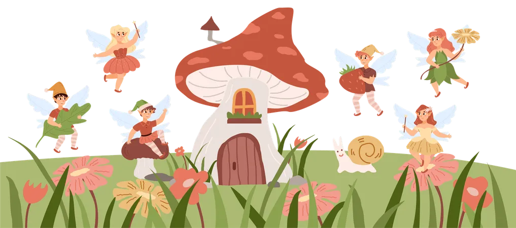 Fairy landscape with pixies flying around mushroom shaped house  Illustration