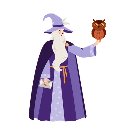 Fairy tale wizard or sorcerer with owl  Illustration