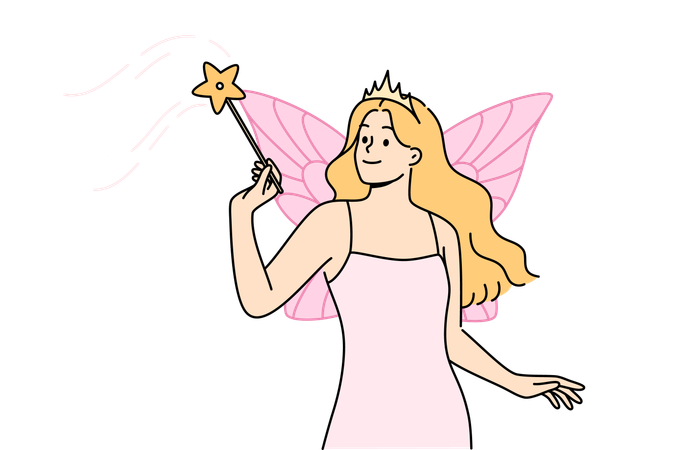 Fairy woman with wings behind back and magic wand performs magic  일러스트레이션