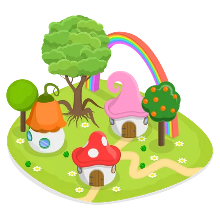 3 D Isometric Flat Vector Conceptual Illustration Of Fairytale Forest Fantasy Houses Illustration