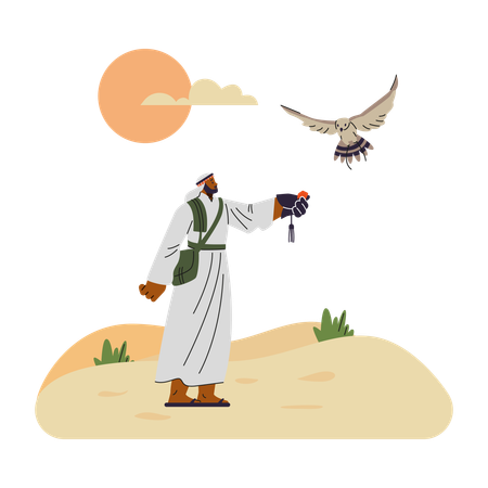 Falconer in traditional robe executes falconry  Illustration