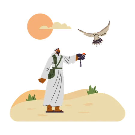 Falconer in traditional robe executes falconry  Illustration