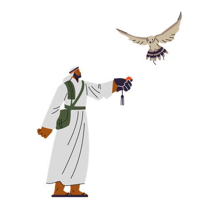Falconer man in robe releases falcon into flight  Illustration