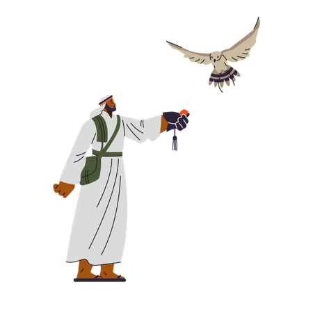 Falconer man in robe releases falcon into flight  Illustration