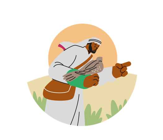 Falconry with man engaged in sport of falconry with trained raptor bird  Illustration